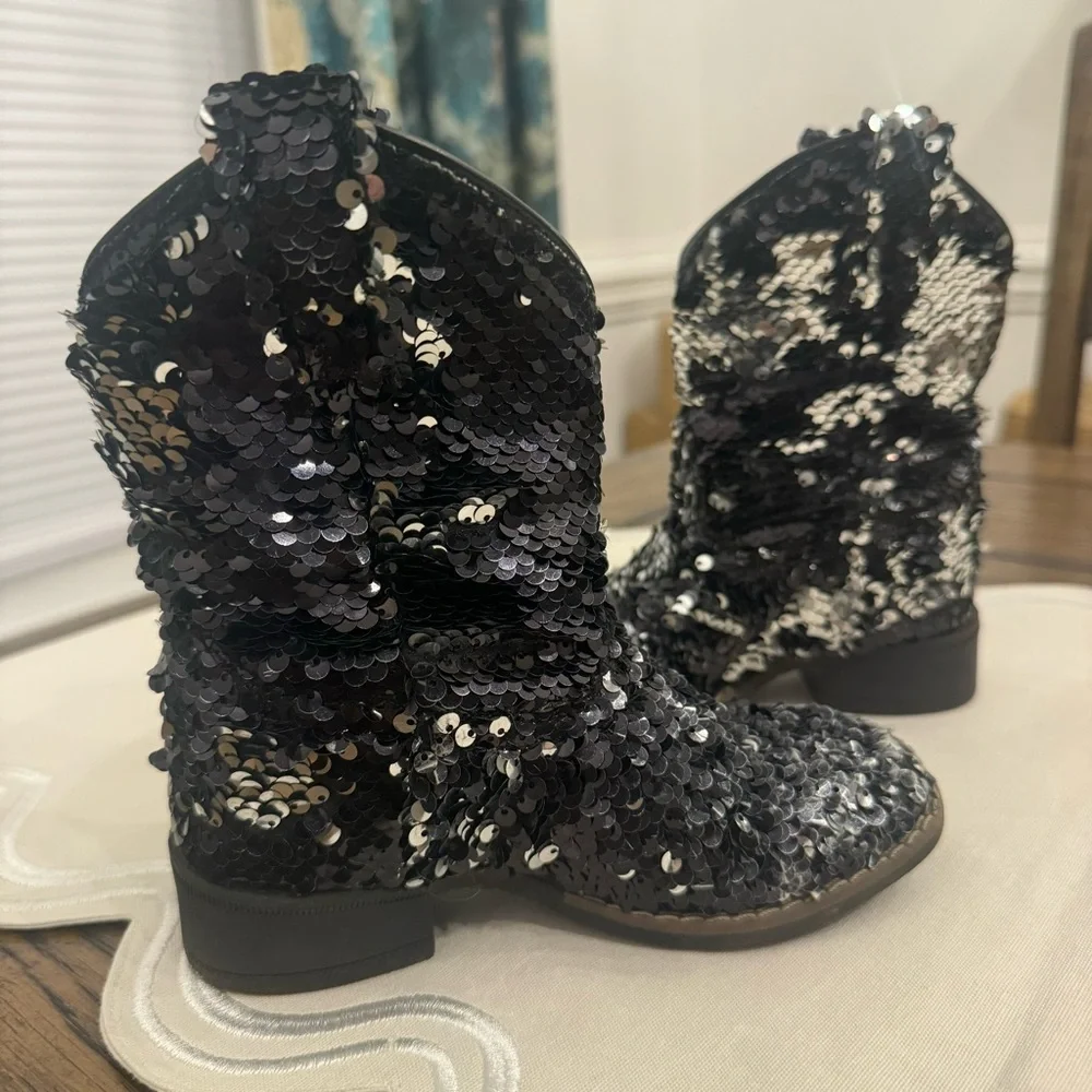 Laredo Black Sequin Square Toe Boots Cowgirl Horse Riding Rodeo Sz 10